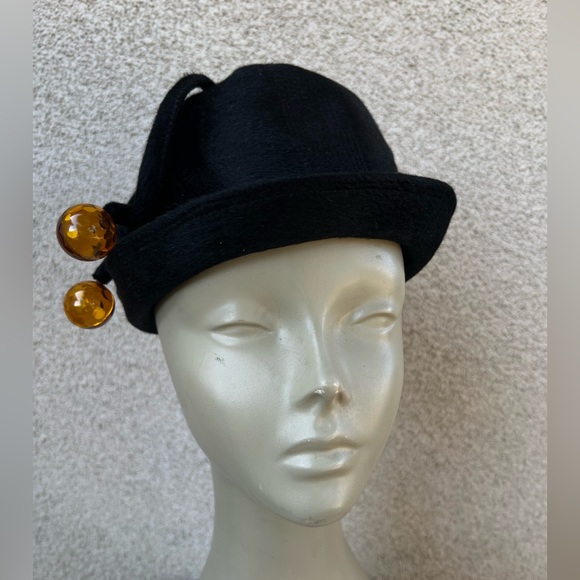 Vintage black wool bucket hat 2 lucite amber balls Adolfo Realites Small 21” - Picture 2 of 10